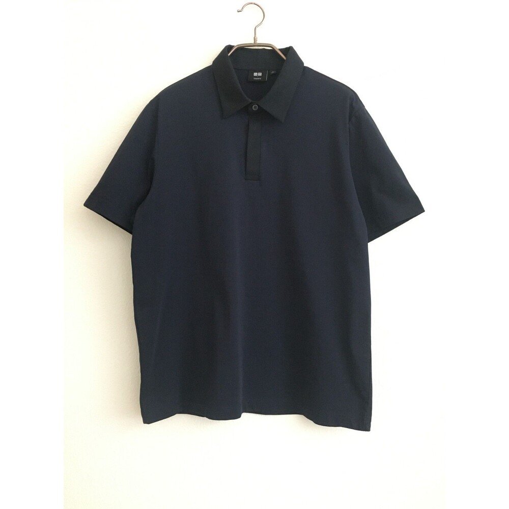UNIQLO x Theory AIRism Polo Shirt Men L Navy Blue Black Collar Golf Casual